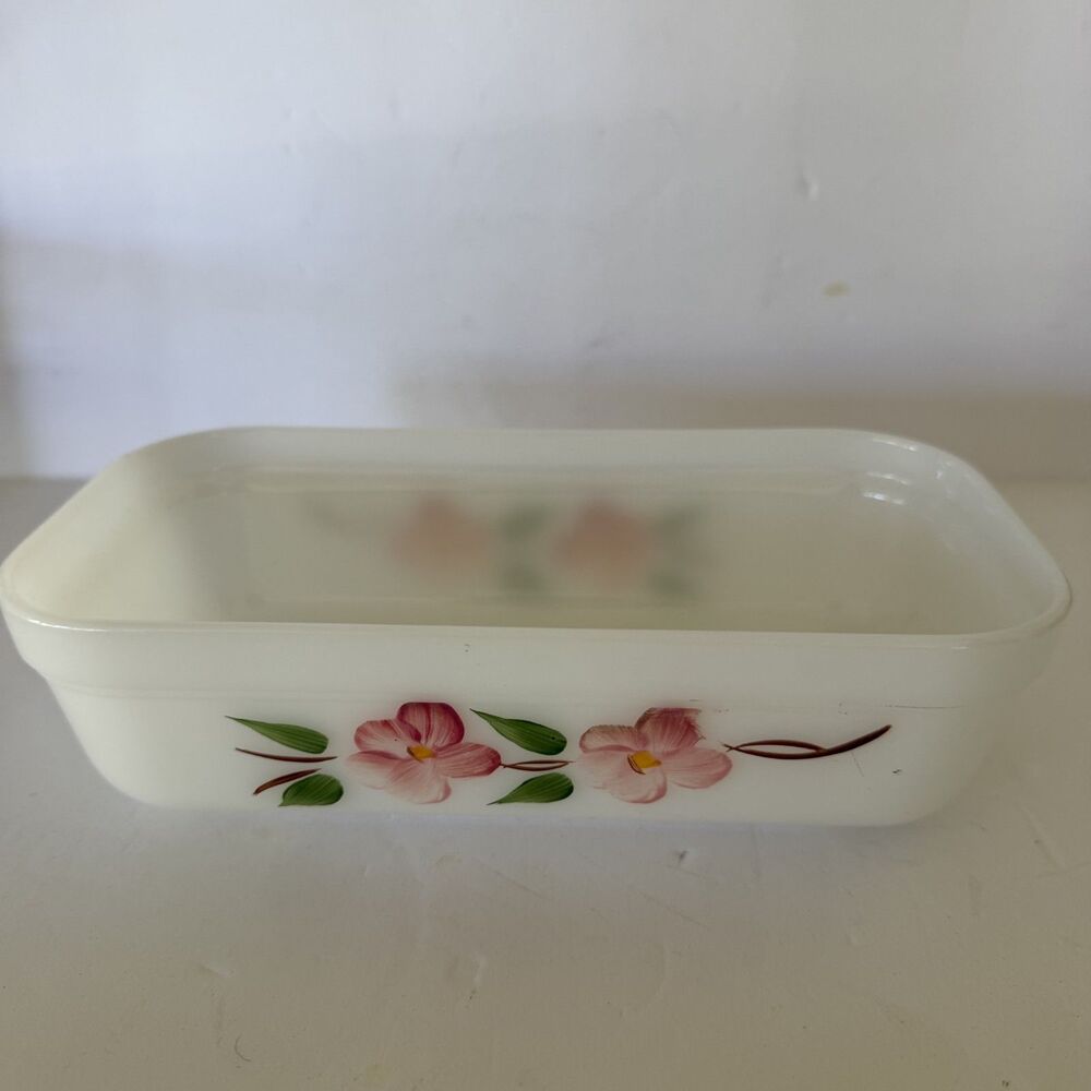 Vtg Fire King Dish Peach Blossom Anchor Hocking Oven Ware #12 Milk Glass Loaf